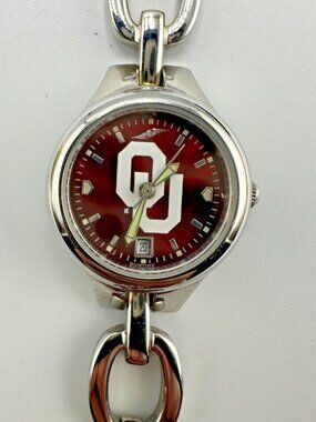 Oklahoma Sooners Watch Women Silver Tone Red Dial Date Window 24MM Dial 6.25"